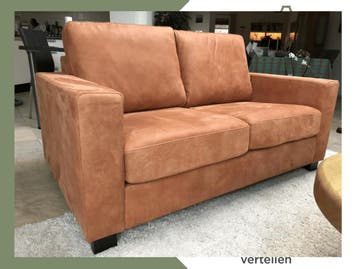 Leren 2-zits bank met houten poten - oranje leer, Ophalen of Verzenden