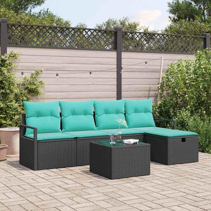 vidaXL Bankstel met kussen 6 pcs Zwart en Turkoois poly, Tuin en Terras, Tuinsets en Loungesets, Nieuw, Verzenden