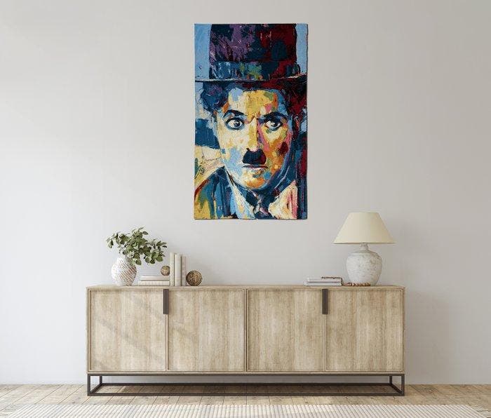 1,20 x 0,70 meter !!! Charlie Chaplin - Prachtig portret op, Antiek en Kunst, Antiek | Tapijten, Tafelkleden en Textiel