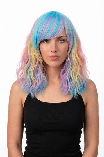 KIMU® Luxe Pastel Regenboog Pruik Schouderlengte Schuine Pon, Kleding | Dames, Ophalen of Verzenden, Nieuw