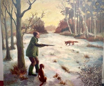 Gesigneerd Bernhard (XX - Winterlandschap Jager met hond