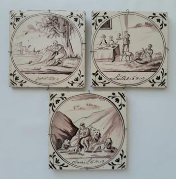 Tegel - Bijbelse Voorstelling - 1850 - Drie Mangaan Tegels
