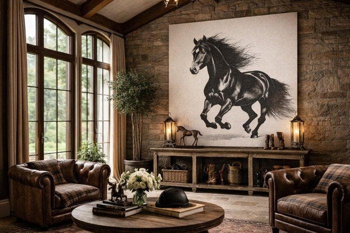 Tapijt geweven in Jacquardweefsel “Le Cheval Noir” met paard, Antiek en Kunst, Curiosa en Brocante