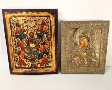 Icoon - Twee met de hand geschilderde iconen - Hout, Metaal
