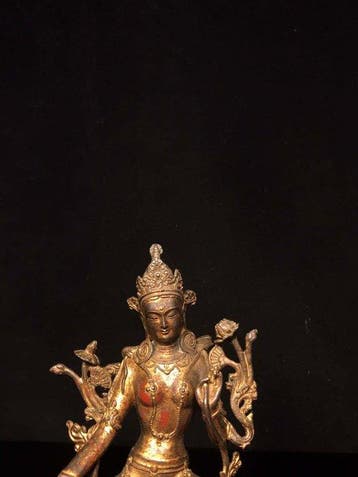 Beeld, Seated Statue of Green Tara - 21 cm - Koper, Antiek en Kunst