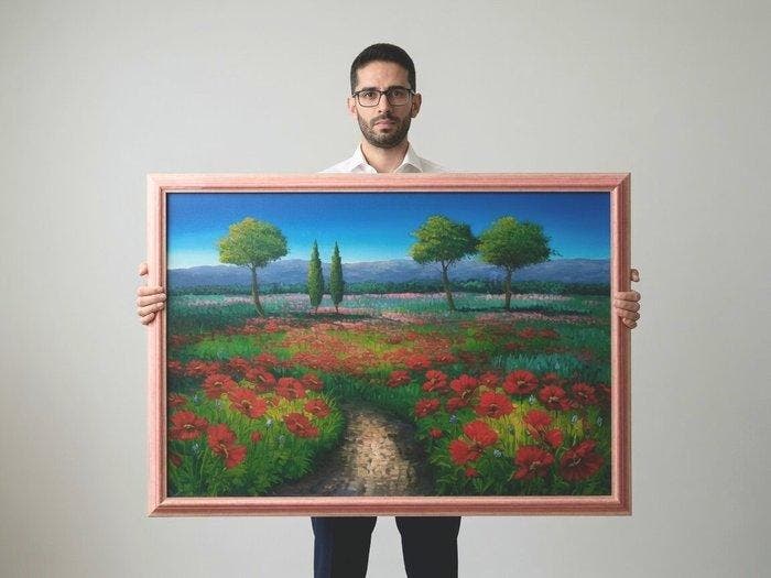 Scuola italiana (XXI) - Paesaggio mediterraneo con campo di, Antiquités & Art, Art | Peinture | Classique