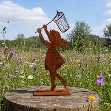 Beeld, garden statue silhouette of girl with butterfly net -