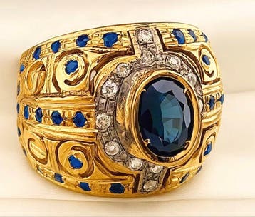 Zonder minimumprijs - Ring - 9 kt. Geel goud, Zilver Saffier