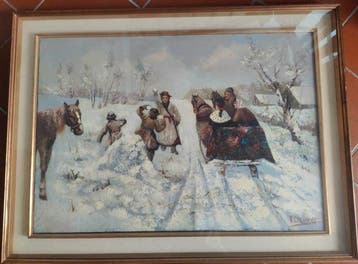 W. Orlow (XX) - Paesaggio Invernale Russo con slitta - cm, Antiek en Kunst