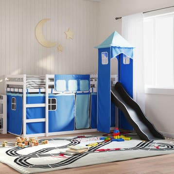 vidaXL Stapelbed met glijbaan en gordijnen blauw 90x200 cm, Verzenden