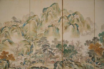 Un paravent japonais à six panneaux présentant un paysage de