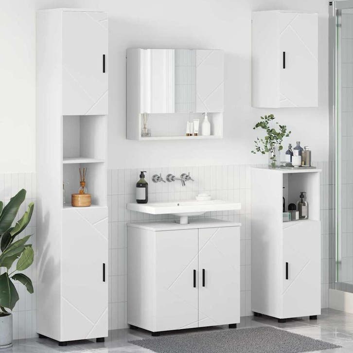 vidaXL Badkamermeubel Set met opslag 5 pcs Wit Bewerkt hout, Maison & Meubles, Tables | Coiffeuses, Envoi