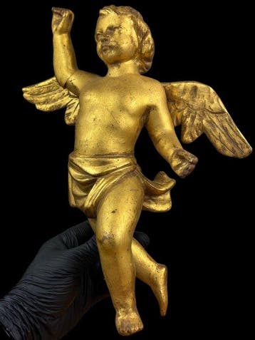 sculptuur, Putto alato - XVIII sec. - 34 cm - Hout, Bladgoud