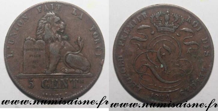 Belgique Belgie Km 5 5 Centimes 1852 Mit Punkt Leopold 1, Timbres & Monnaies, Monnaies | Europe | Monnaies non-euro, Envoi