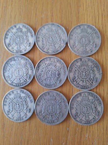 Frankrijk. Napoléon III. 5 Francs 1867/1869 (lot de 9