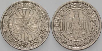 50 Reichspfennig 1933 J Kleinmunten Weimarer Republik Wei..., Verzenden, België