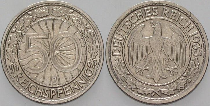 50 Reichspfennig 1933 J Kleinmunten Weimarer Republik Wei..., Postzegels en Munten, Munten | Europa | Niet-Euromunten, België