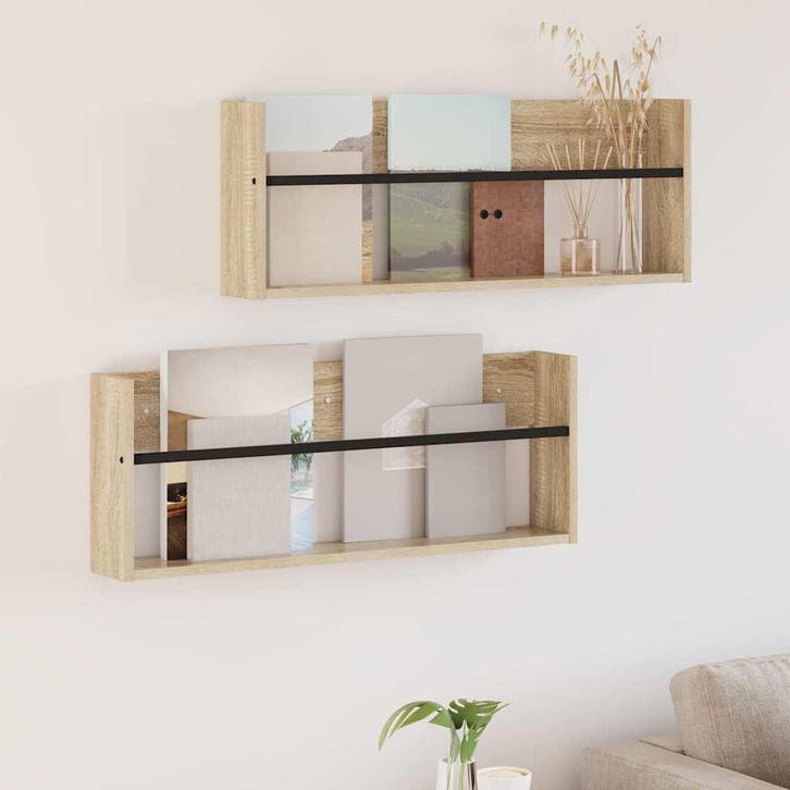 vidaXL Tijdschriftenrek 2 st Sonoma Eik 80 x 12 x 30 cm, Huis en Inrichting, Woonaccessoires | Krantenbakken en Lectuurbakken