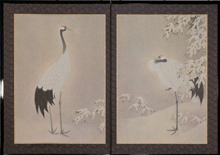 Un joli paravent à deux panneaux avec des grues dans un, Antiek en Kunst, Antiek | Overige Antiek