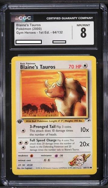 Graded card - Blaine`s Tauros #064 *First Edition* - Gym, Hobby en Vrije tijd, Verzamelkaartspellen | Pokémon, Nieuw