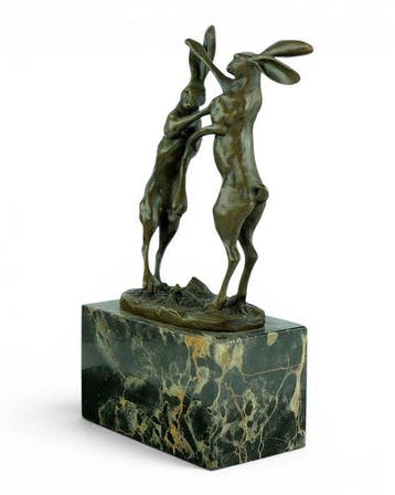 Nick - sculptuur, Boxing Hares - 24 cm - Brons, Marmer