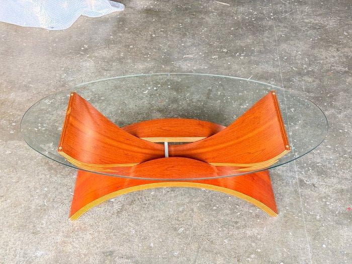 Table basse - Bois, Verre - Forme « butterfly » - base en, Antiquités & Art, Art | Objets design