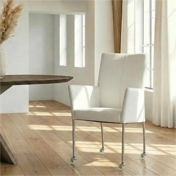 Leren eetkamerstoel Comfort met wieltjes en armleuning -, Huis en Inrichting, Stoelen, Wit, Nieuw, Leer, Ophalen of Verzenden