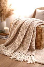 Exclusieve katoenen plaid in camelkleur en wit - 200 x 150