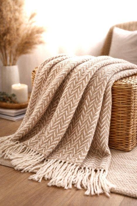 Exclusieve katoenen plaid in camelkleur en wit - 200 x 150, Antiquités & Art, Curiosités & Brocante