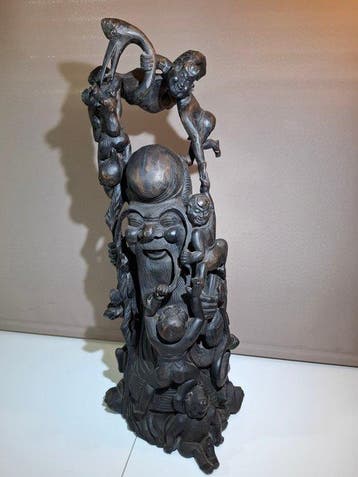 Figuur - Large Chinese Hardwood Carving of Shou Lao – 66 cm, Antiek en Kunst