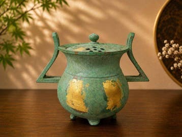 Bronze Incense Burner Koro Green Patina Gold Accents - Seifu