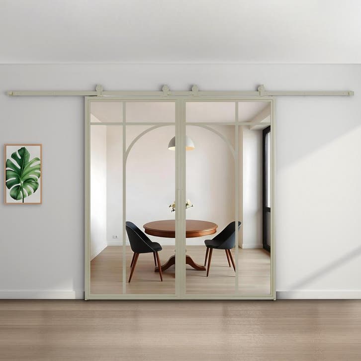 Dubbele stalen schuifdeur Kiezelgrijs5 Vlaks rond Helder gla, Bricolage & Construction, Châssis & Portes coulissantes