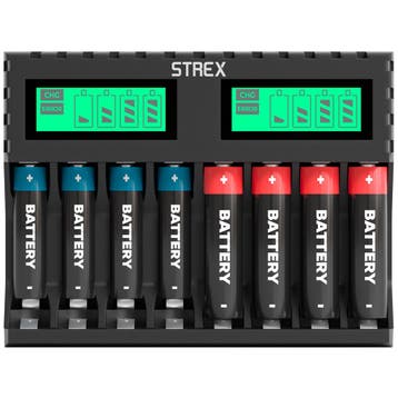 Strex Batterij Oplader -8x AA/AAA Batterijen-USB Oplaadbaar, Verzenden