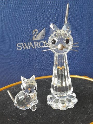 Swarovski - Beeldje - Kat groot en mini poes - Kristal, Antiek en Kunst