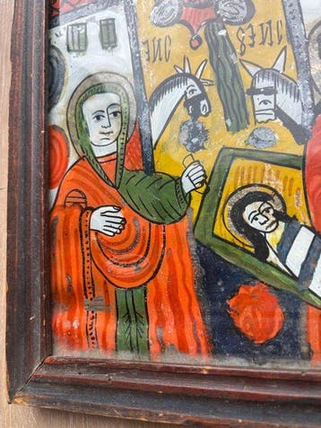 Icoon - Geboorte van Christus - Glas - Roemeense achter-glas, Antiek en Kunst