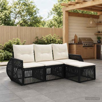 vidaXL Tuinbank Set 4 st Zwart en Crème Wit poly rattan, Verzenden, Nieuw