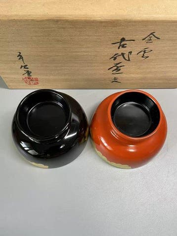 Pair of Black and Red Lacquerware on Wooden Bases – Japanese