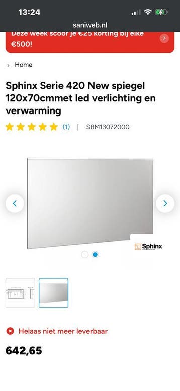 Badkamerspiegel Geberit/Sphinx 120 cm en 140 cm UITVERKOOP!, Ophalen, Nieuw