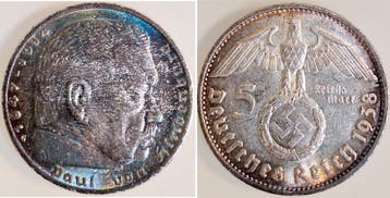 Duitsland 5 Reichsmark Hindenburg 1938 G, fast Vz, Kopfse..., Verzenden