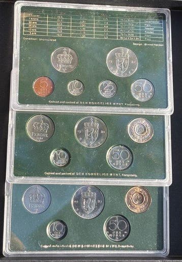 Noorwegen. Year Mint Set 3x 1981, 1984, 1987 / Den Kongelige, Gestempeld