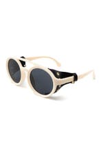 Motor Ronde Zonnebril Beige Montuur Zijkanten Zwarte Glazen, Ophalen of Verzenden, Nieuw