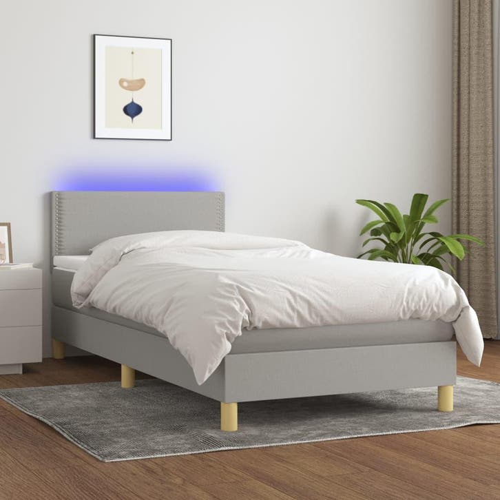 vidaXL Boxspring met matras en LED stof lichtgrijs 90x200 cm, Maison & Meubles, Chambre à coucher | Lits, Envoi