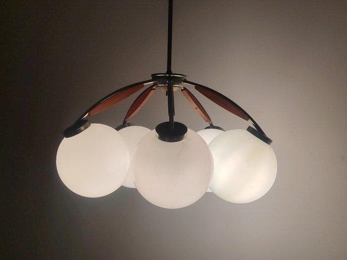Sputnik atomic Scandinavian - Plafondlamp - houten chrom., Antiek en Kunst, Antiek | Verlichting