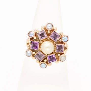 Ring - 14 karaat Roségoud Parel - Parel - Amethist., Nieuw