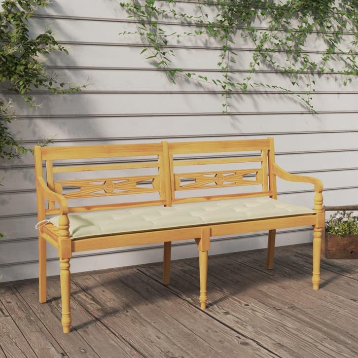vidaXL Bankje Batavia met crèmekleurig kussen 150 cm massief, Tuin en Terras, Tuinsets en Loungesets, Nieuw, Verzenden