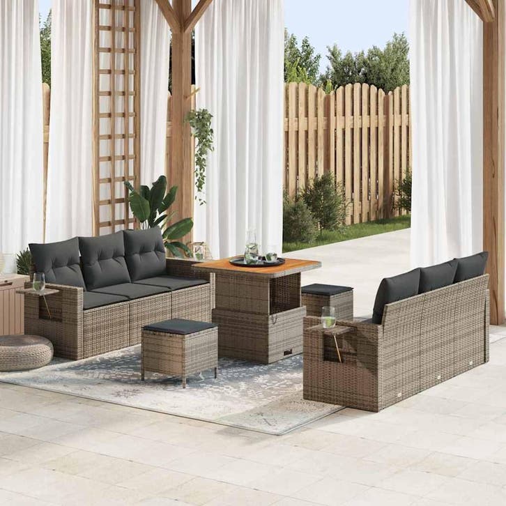 vidaXL Tuinbank Set met kussen 9 pcs Grijs poly rattan, Tuin en Terras, Tuinsets en Loungesets, Nieuw, Verzenden