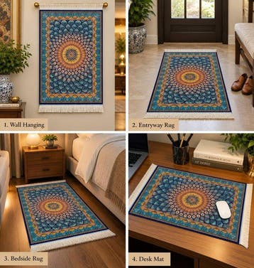 Turkooisblauw en oranje luxe zijden tapijt / klein, Nieuw