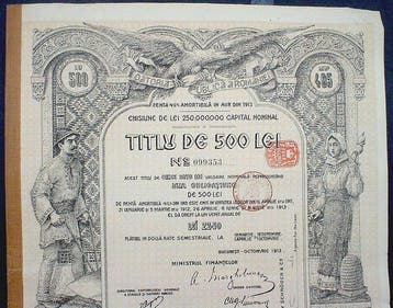 Roemenië. - Romania 4 1/2% Government Bond Loan 500 Lei Aur, Antiek en Kunst