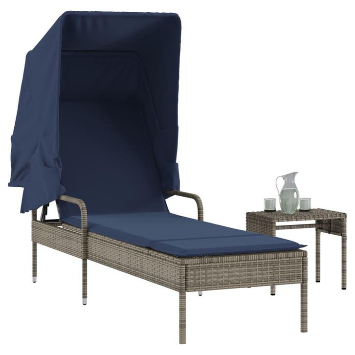 vidaXL Ligstoel met luifel en tafel grijs poly rattan, Tuin en Terras, Ligbedden, Nieuw, Verzenden