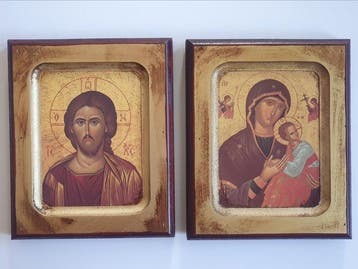 Set van twee iconen - Christus Pantokrator en Maagd met Kind, Antiquités & Art